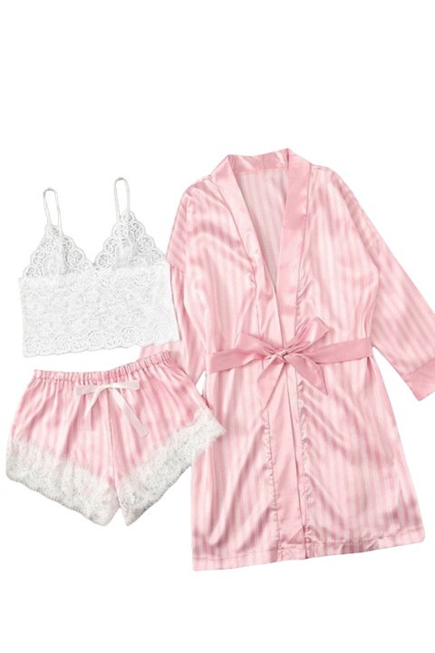 Set pijama sexy satin si dantela 3 piese, bustiera, halat si pantaloni scurti SUSU-013 107001, Roz