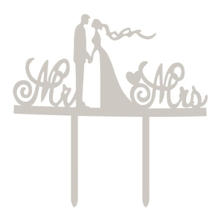 Topper argintiu, 140x138x1.5 mm, nunta, mr mrs