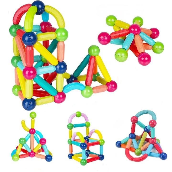 Joc educativ de constructie Magnetic Sticks cu bile si bete magnetice, 100 Piese, Pentru adulti si copii 3+