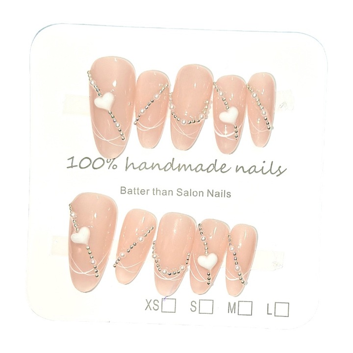 10 műköröm készlet, rányomható, háromdimenziós kialakítás, szív, lánc, rózsaszín, L