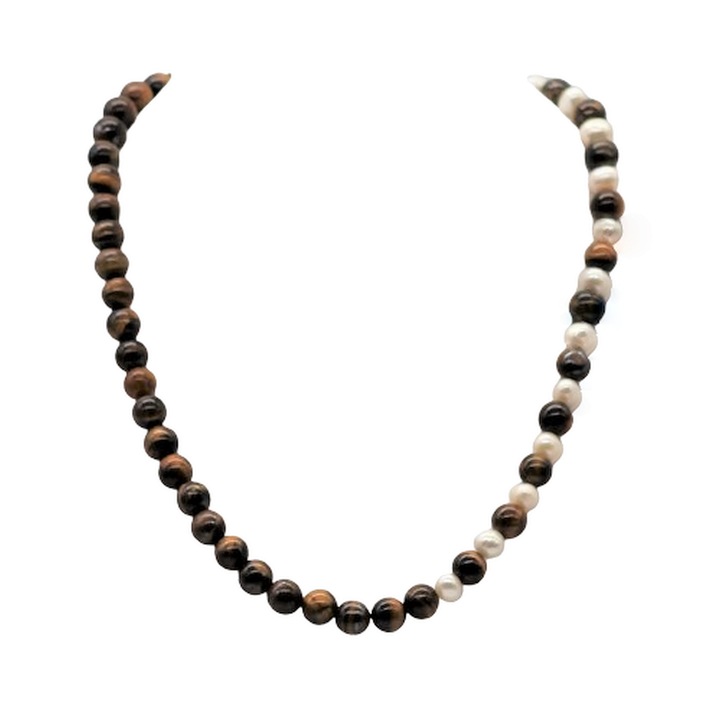 Colier din pietre semipretioase ochi de tigru si perle naturale, argint 925, 46 cm