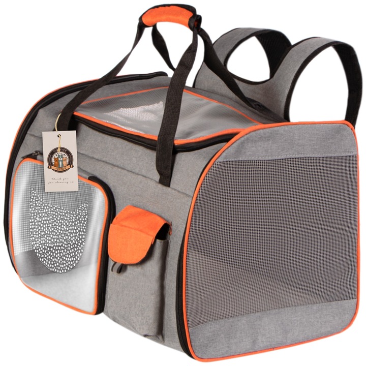 Rucsac pentru pisica sau caine, Furrever Friends Combi Bag, puternica, ventilatie, clapeta cu deschidere completa, buzunar, maner de transport pe mana si pe spate, pana la 8 kg, 50x30x33cm