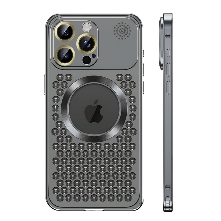 Husa MagSafe Aromaterapia Compatibila cu iPhone 15 Pro, Suport Magnetic, Antisoc, Antizgariere, Protectie Camera si Supraincalzire, din Aliaj de Aluminiu, Negru