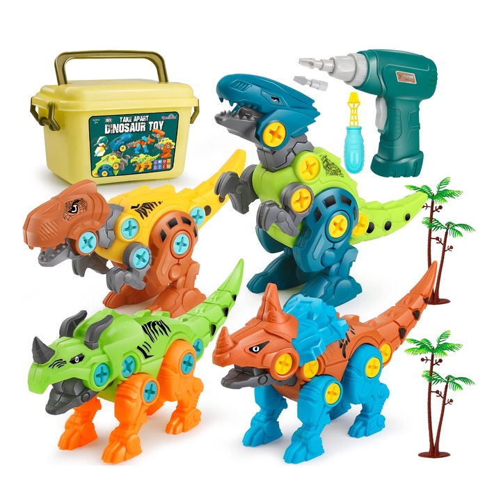 Set jucarii interactive SANSAME, dinozauri de asamblat, cu burghiu electric, cutie depozitare, multicolor, 3-7 ani