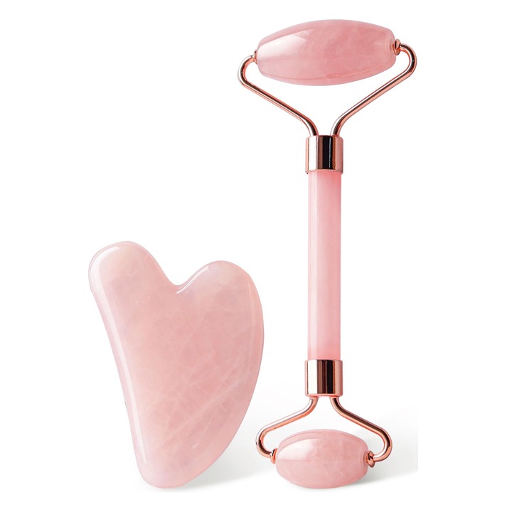 Set Aparate de Masaj SANSAME, Roller din Cuart Roz si Gua Sha, Efect de Linistire, pentru Acasa