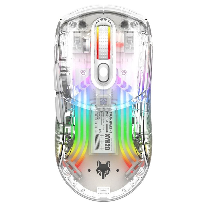 Mouse pentru calculator, conexiune tri-mode, suport 2.4G, BT, cu fir, design cu iluminare RGB, design cu fereastra transparenta, baterie 500mah incorporata, reglare variabila a vitezei cu cinci viteze, alb