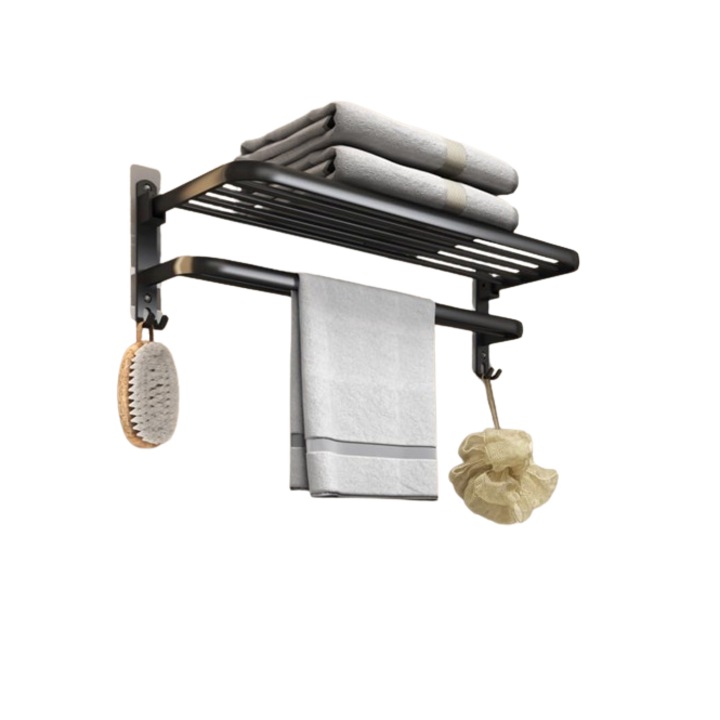 Suport pentru prosoape, cu 2 niveluri, montat pe perete, cu carlige, negru, 50 x 22 x 17 cm, HOYRR