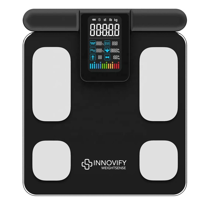 Професионален интелигентен кантар Innovify™, пълно сканиране на тялото, приложение с PDF отчет, проследяване на развитието, 28 телесни показателя, 8 сензора за анализ, USB презареждане, Bluetooth комуникация, до 24 потребители, черен