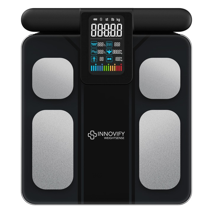 Професионален интелигентен кантар Innovify™, пълно сканиране на тялото, приложение с PDF отчет, проследяване на развитието, 28 телесни показателя, 8 сензора за анализ, USB презареждане, Bluetooth комуникация, до 24 потребители, черен