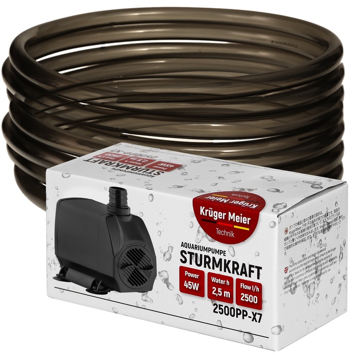 Set pentru schimbarea apei in acvariu, Kruger Meier, reglarea debitului, functioneaza chiar si in apa murdara, furtun cu diametrul de 16/22 si lungime de 6m, 2500l/h