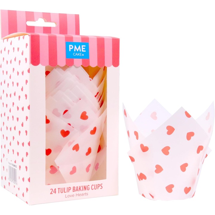 Papírmuffin készlet, fehér tulipán típusú piros szívecskékkel Love Hearts 24 db, PME