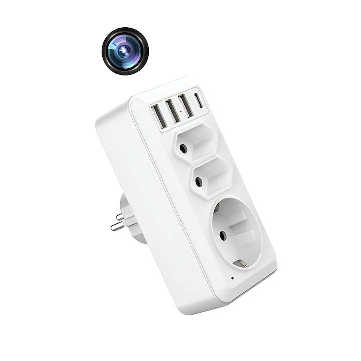 Spy Camera Socket Adapter, Full HD 1080P, 4032x3024 képfelbontás, AVI videó formátum, 30 képkocka/mp, 120°-os nézet, éjszakai látás, mozgásérzékelés, 3 USB port 5V/2.4A, C típusú port, WiFi, kompatibilis iPhone és Android készülékekkel