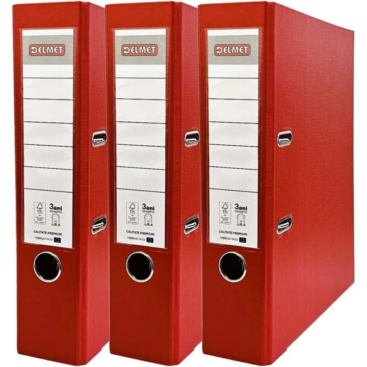 Комплект от 3 папки Delmet, A4, PP/хартия, FSC сертификат, 75 мм, Червен