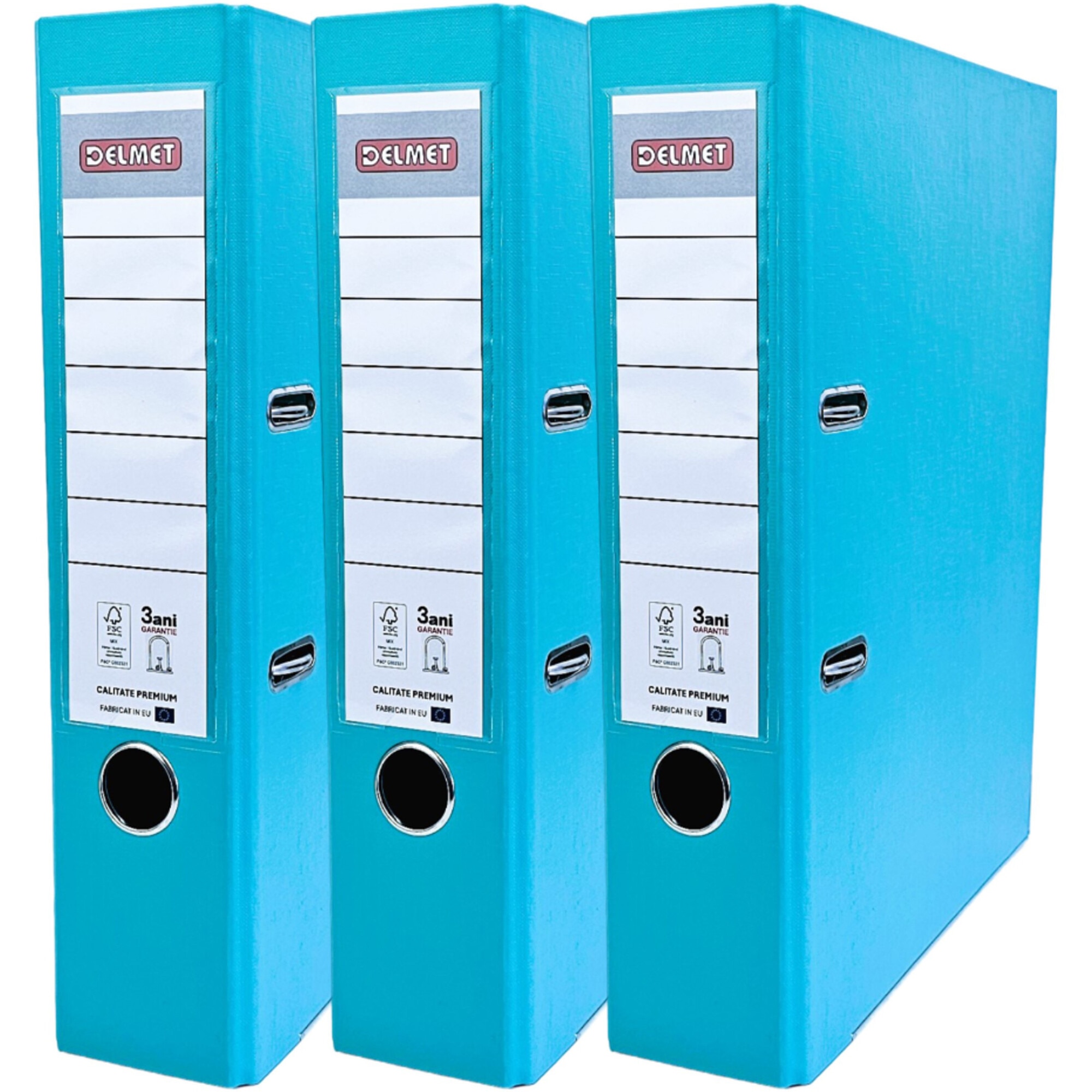 Set 3 bibliorafturi Delmet, A4, PP/Hartie, certificare FSC, 75 mm, turquoise