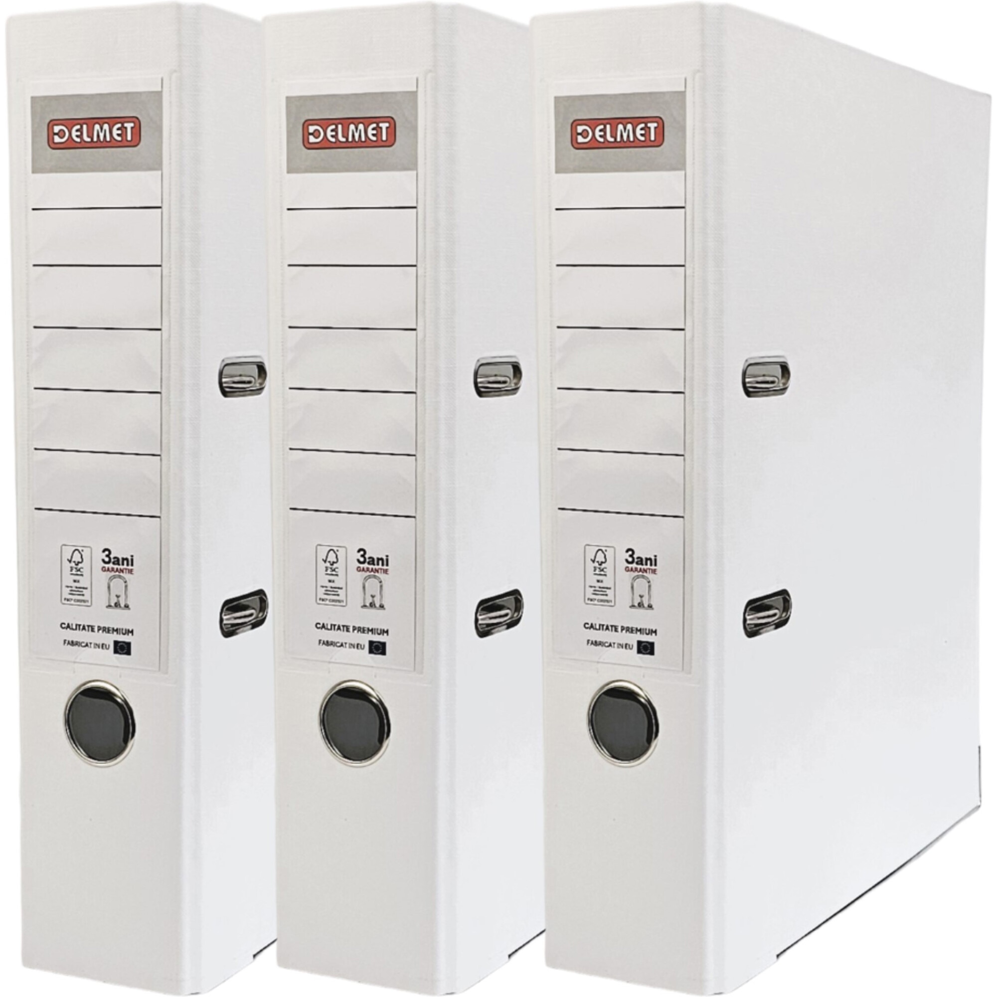 Set 3 bibliorafturi Delmet, A4, PP/Hartie, certificare FSC, 75 mm, alb