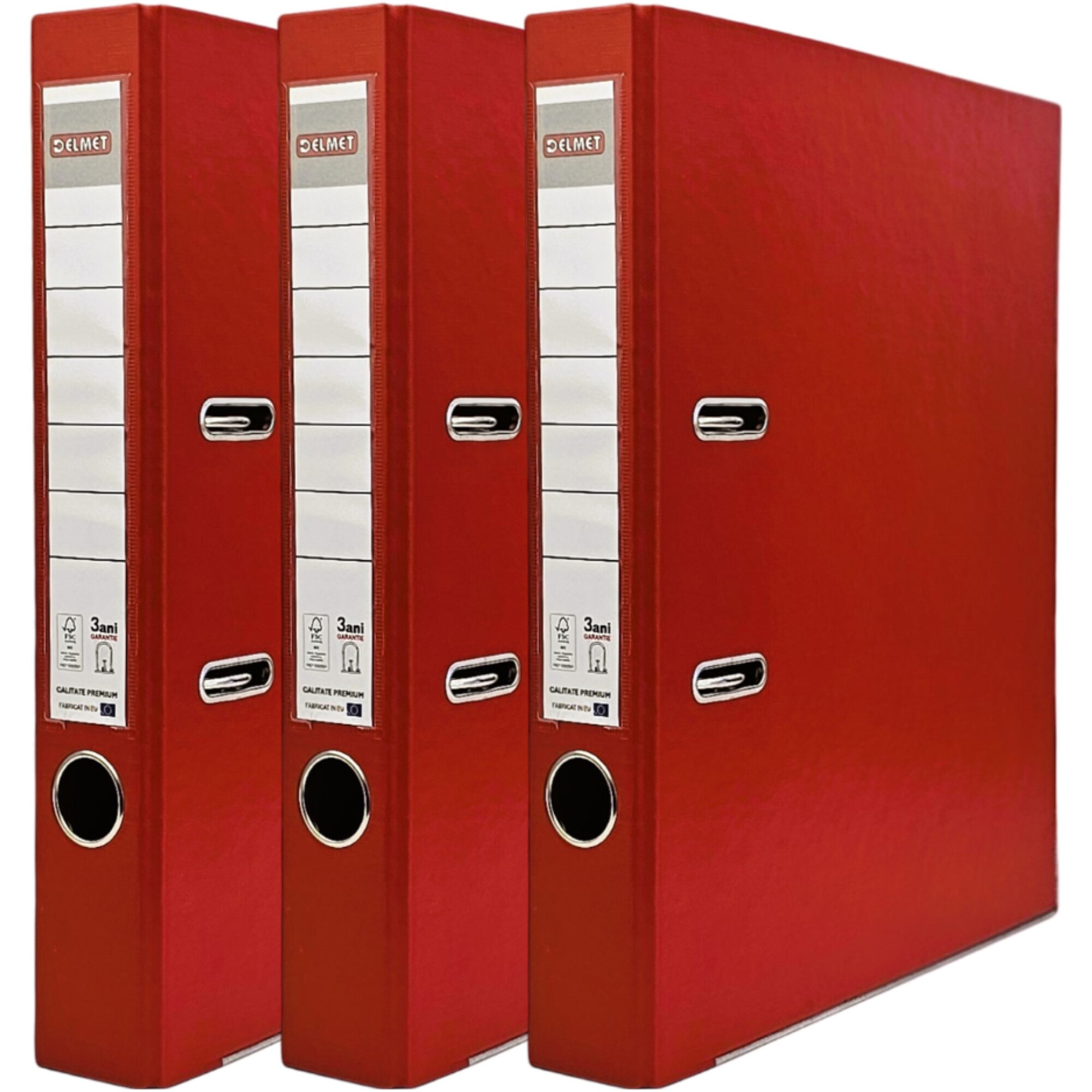 Set 3 bibliorafturi Delmet, A4, PP/Hartie, certificare FSC, 50 mm, rosu