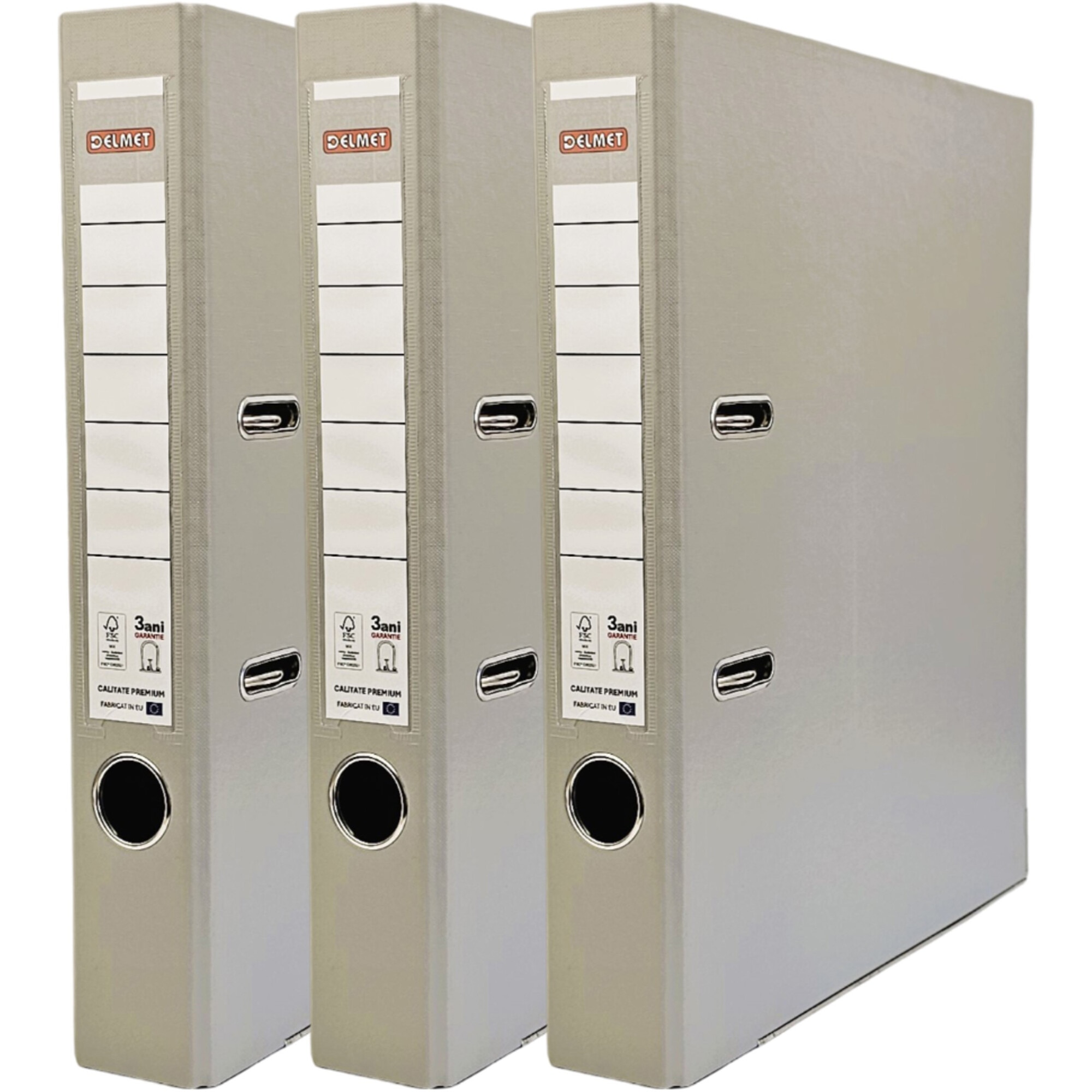 Set 3 bibliorafturi Delmet, A4, PP/Hartie, certificare FSC, 50 mm, gri
