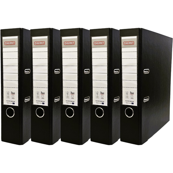 Set 5 bibliorafturi Delmet, A4, PP/Hartie, certificare FSC, 75 mm, negru