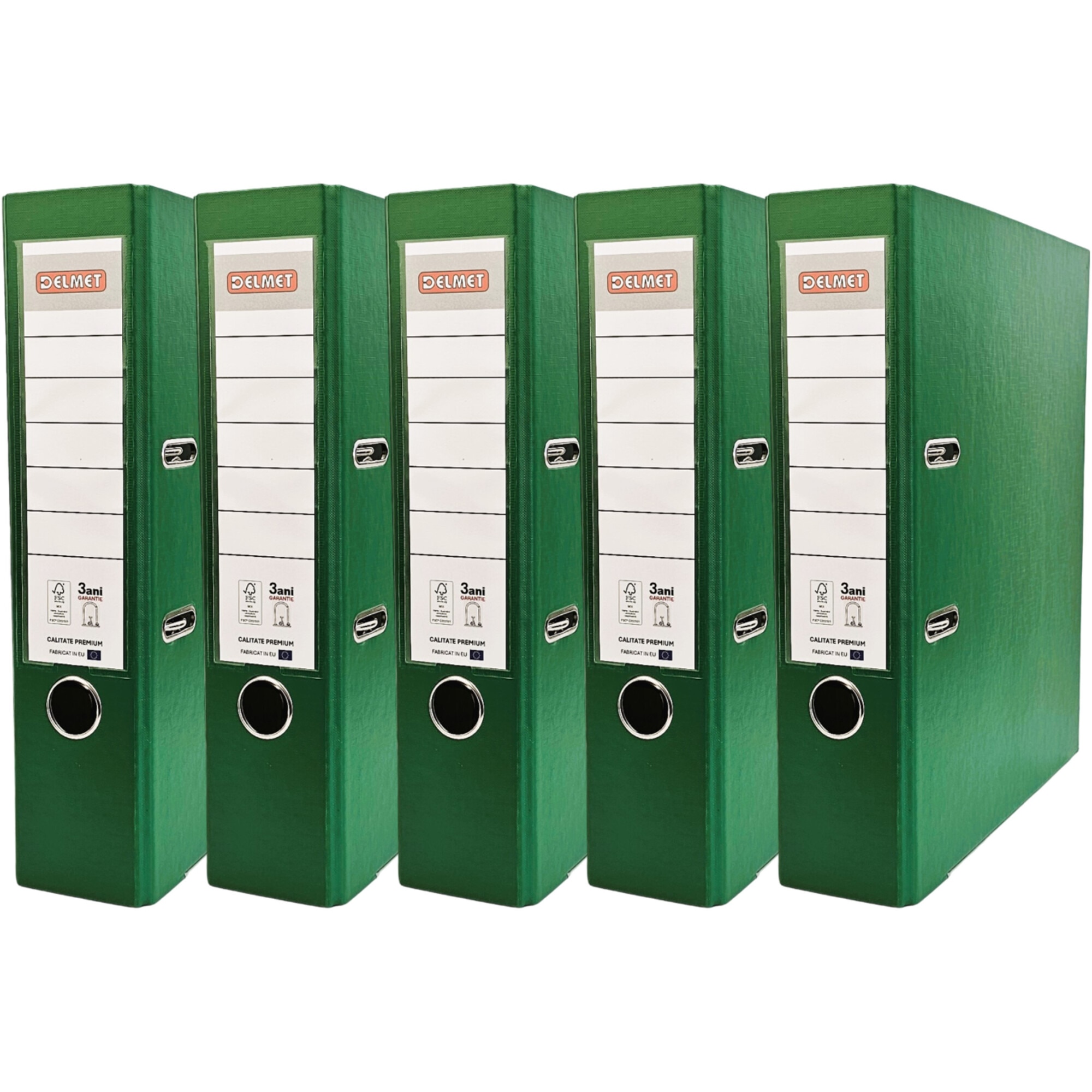 Set 5 bibliorafturi Delmet, A4, PP/Hartie, certificare FSC, 75 mm, verde