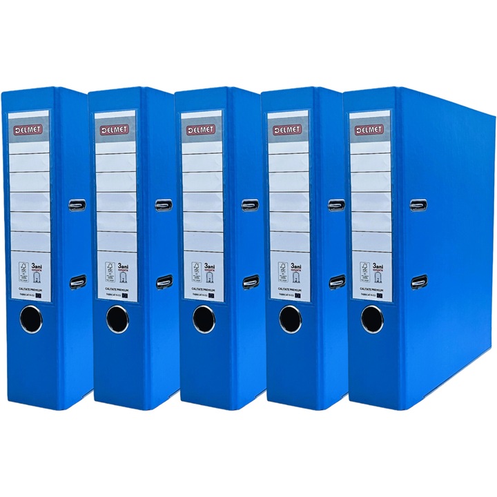 Set 5 bibliorafturi Delmet, A4, PP/Hartie, certificare FSC, 75 mm, bleu