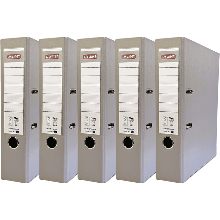 Set 5 bibliorafturi Delmet, A4, PP/Hartie, certificare FSC, 75 mm, gri