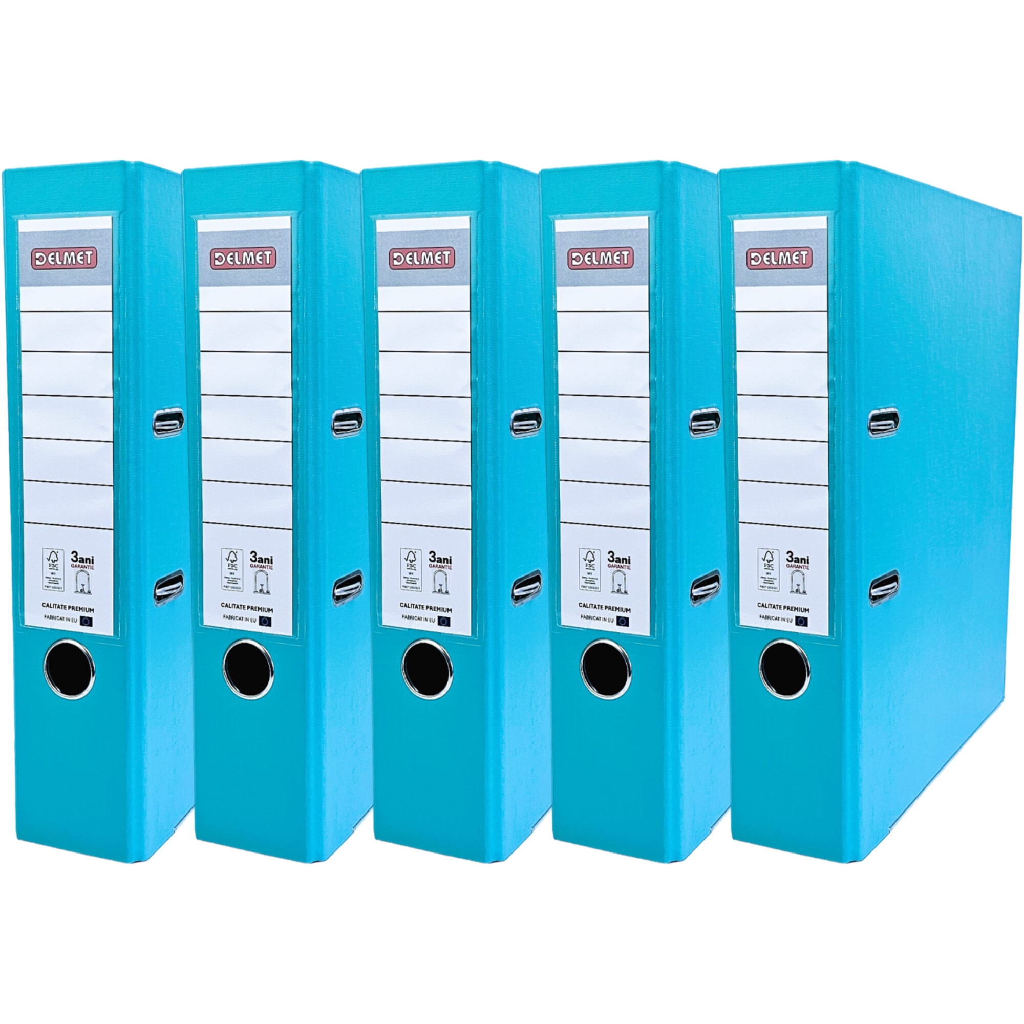 Set 5 bibliorafturi Delmet, A4, PP/Hartie, certificare FSC, 75 mm, turquoise