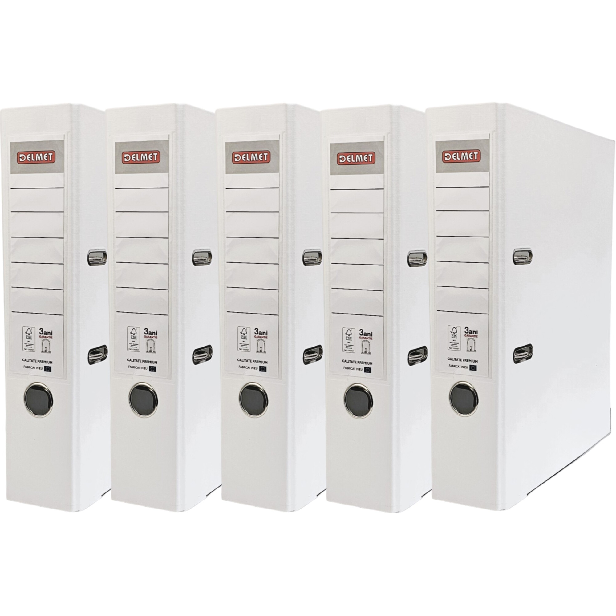 Set 5 bibliorafturi Delmet, A4, PP/Hartie, certificare FSC, 75 mm, alb
