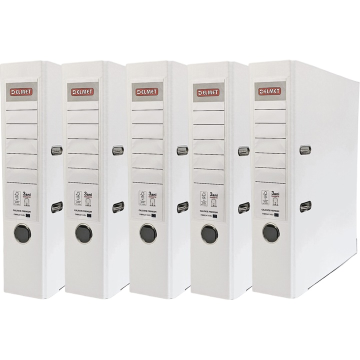 Set 5 bibliorafturi Delmet, A4, PP/Hartie, certificare FSC, 75 mm, alb