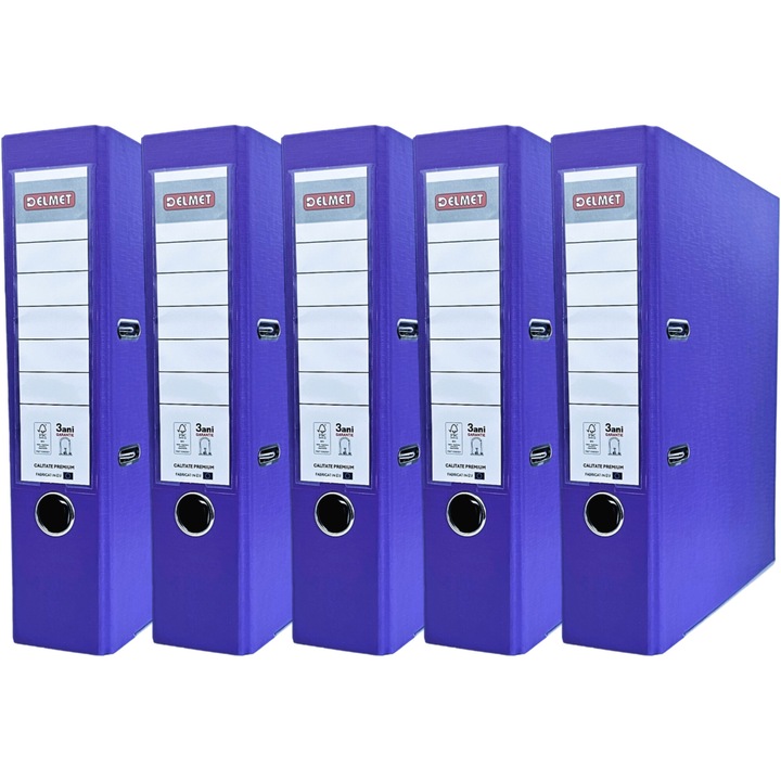 Set 5 bibliorafturi Delmet, A4, PP/Hartie, certificare FSC, 75 mm, mov