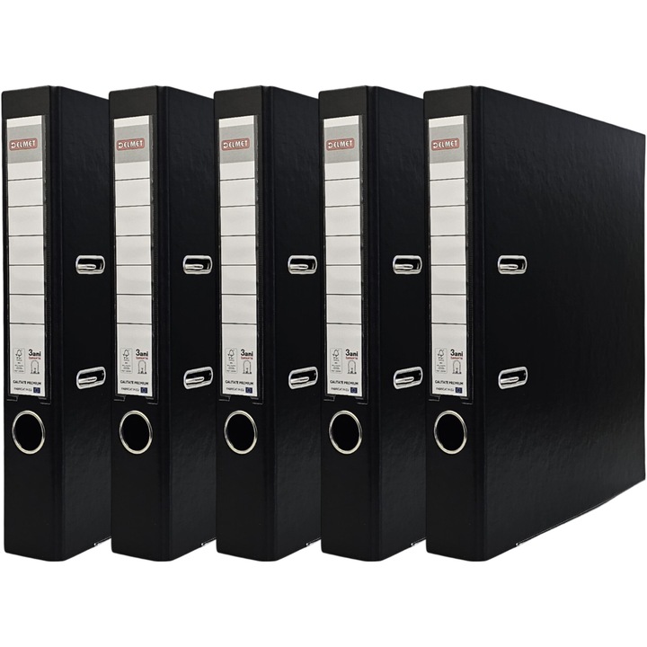 Set 5 bibliorafturi Delmet, A4, PP/Hartie, certificare FSC, 50 mm, negru