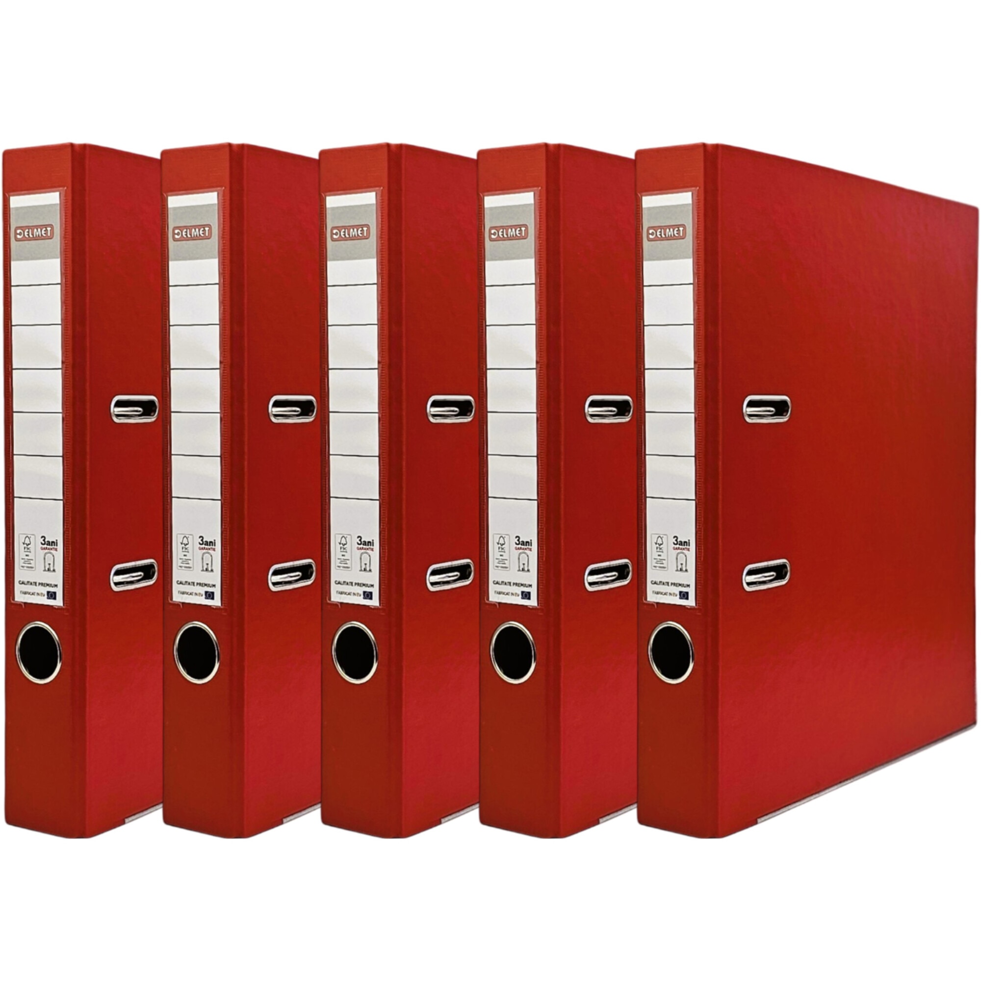 Set 5 bibliorafturi Delmet, A4, PP/Hartie, certificare FSC, 50 mm, rosu