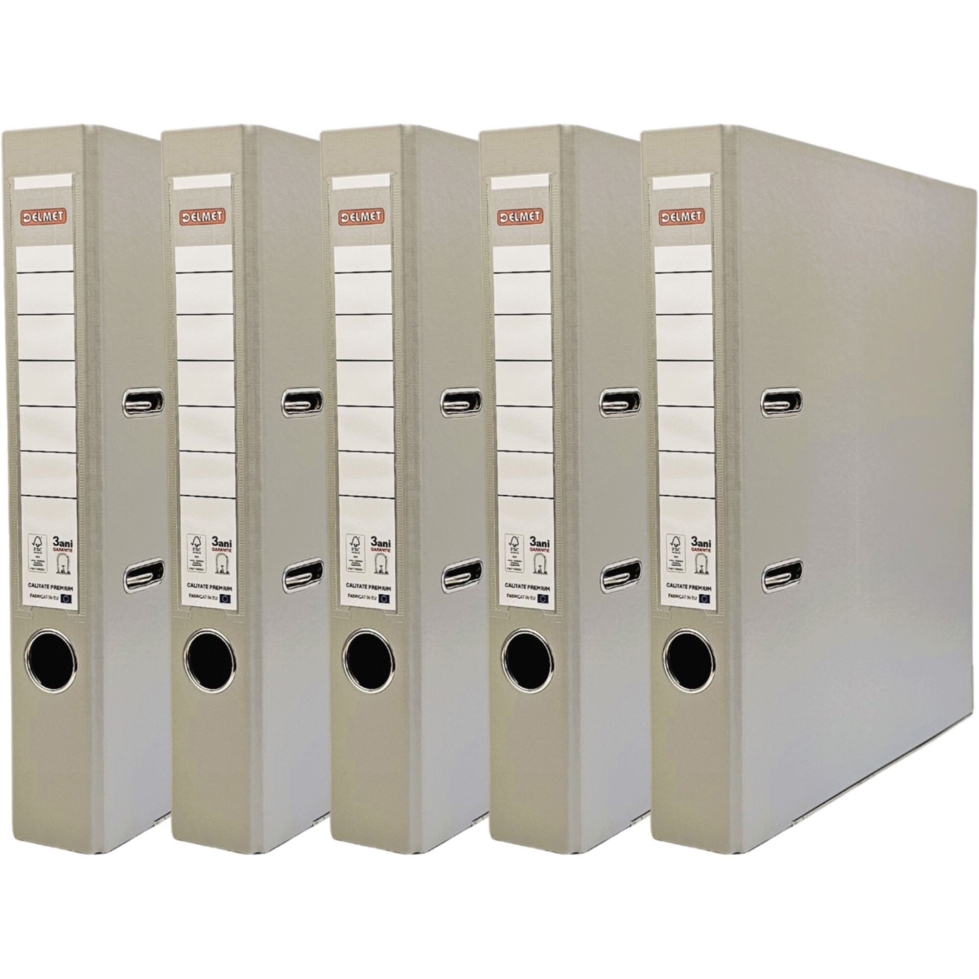 Set 5 bibliorafturi Delmet, A4, PP/Hartie, certificare FSC, 50 mm, gri