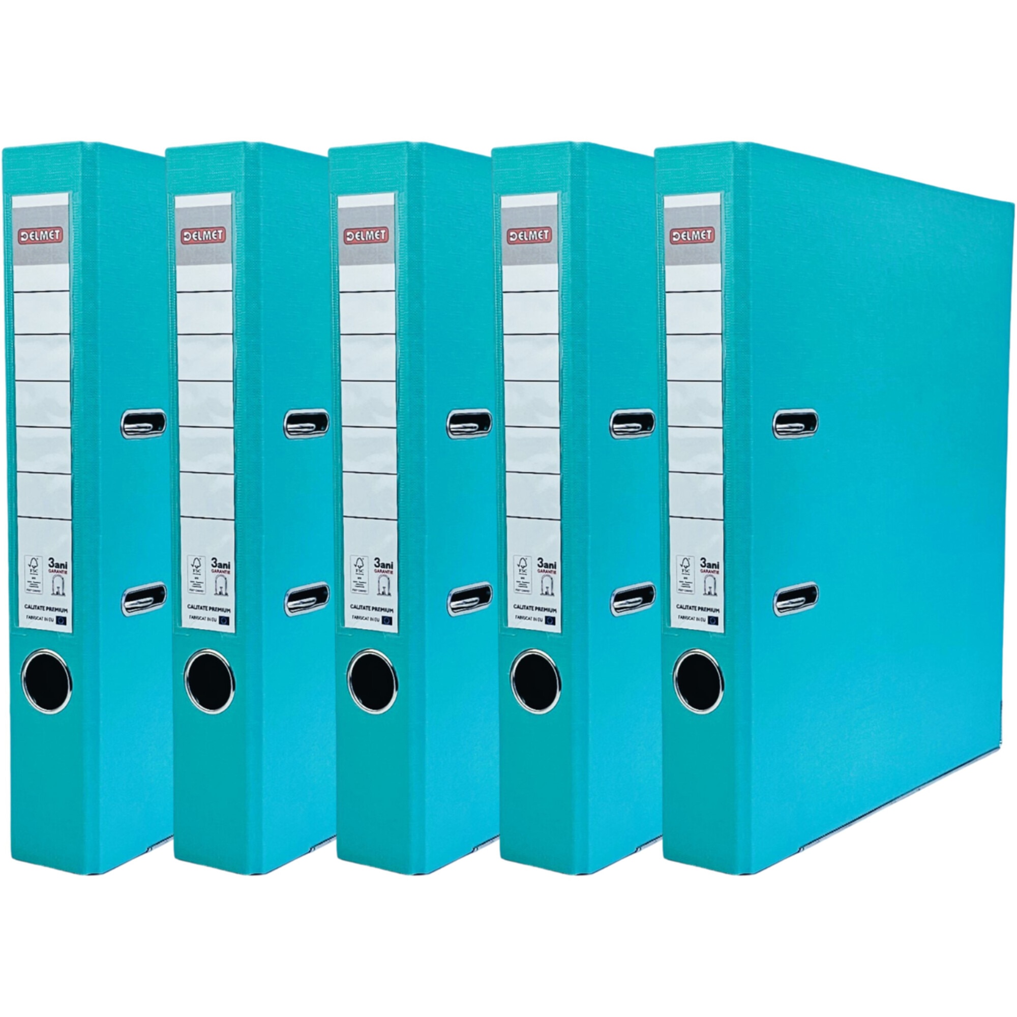 Set 5 bibliorafturi Delmet, A4, PP/Hartie, certificare FSC, 50 mm, turquoise