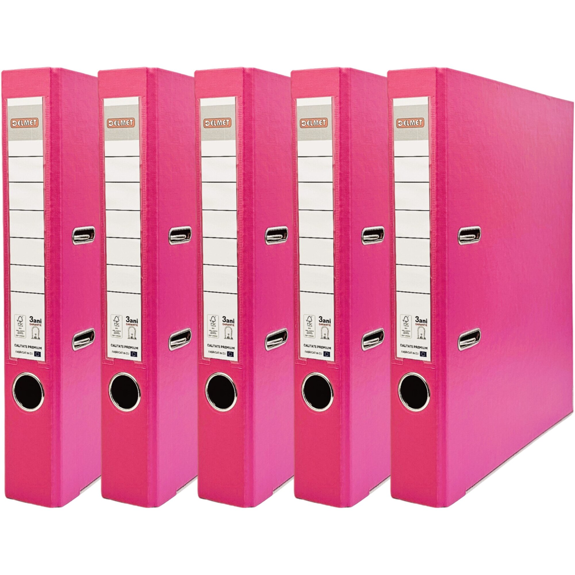 Set 5 bibliorafturi Delmet, A4, PP/Hartie, certificare FSC, 50 mm, roz
