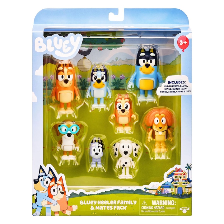 Комплект от 8 фигурки Bluey Heeler Family & Friends, Tovbmup, артикулиращи, многоцветни