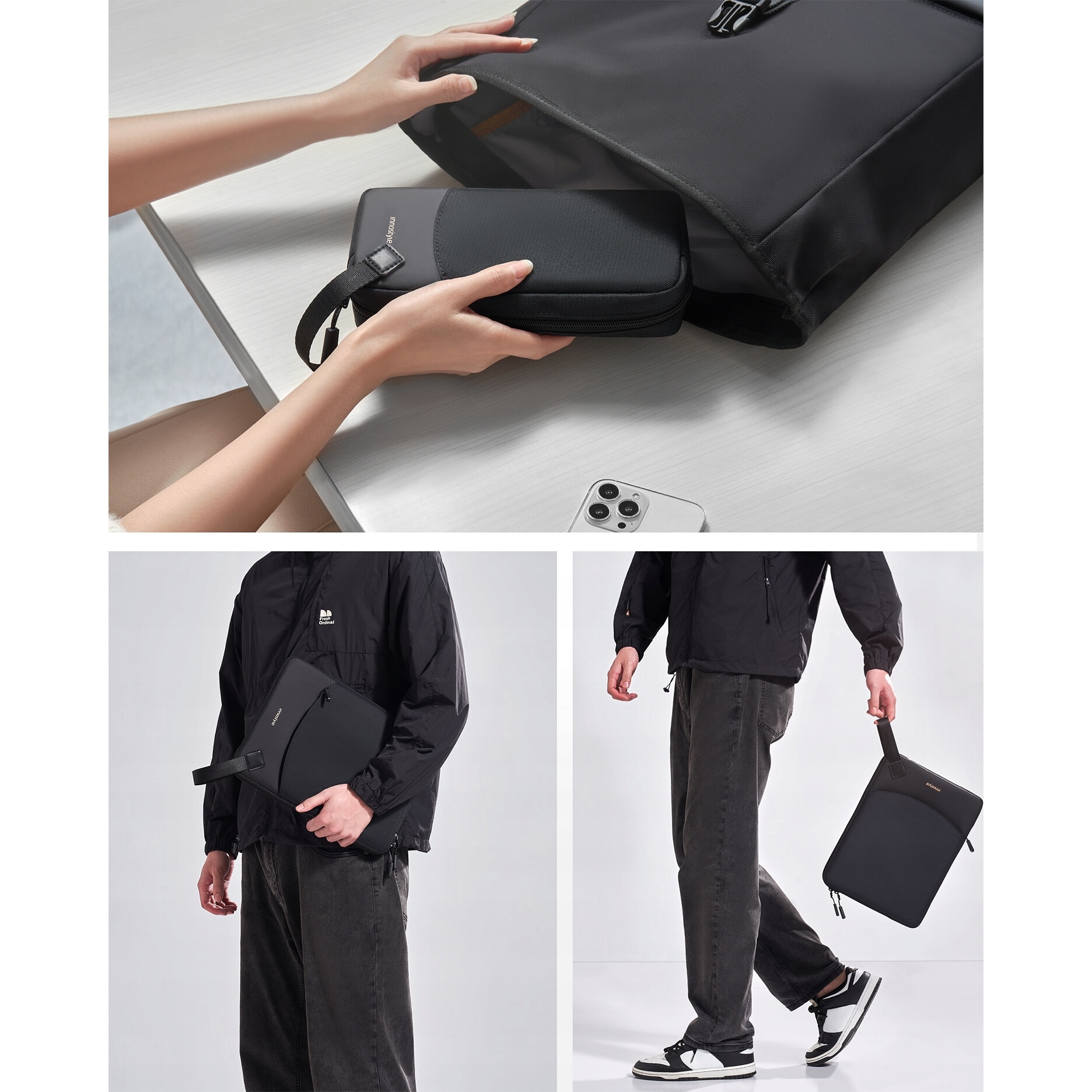 Geanta Laptop 14” Innostyle® GuardianTech Impermeabila + Geanta Gadget, Ultra-Usoara, Protectie Antisoc, Design Ergonomic, pentru Notebook/Ultrabook, Fermoare YKK, Negru