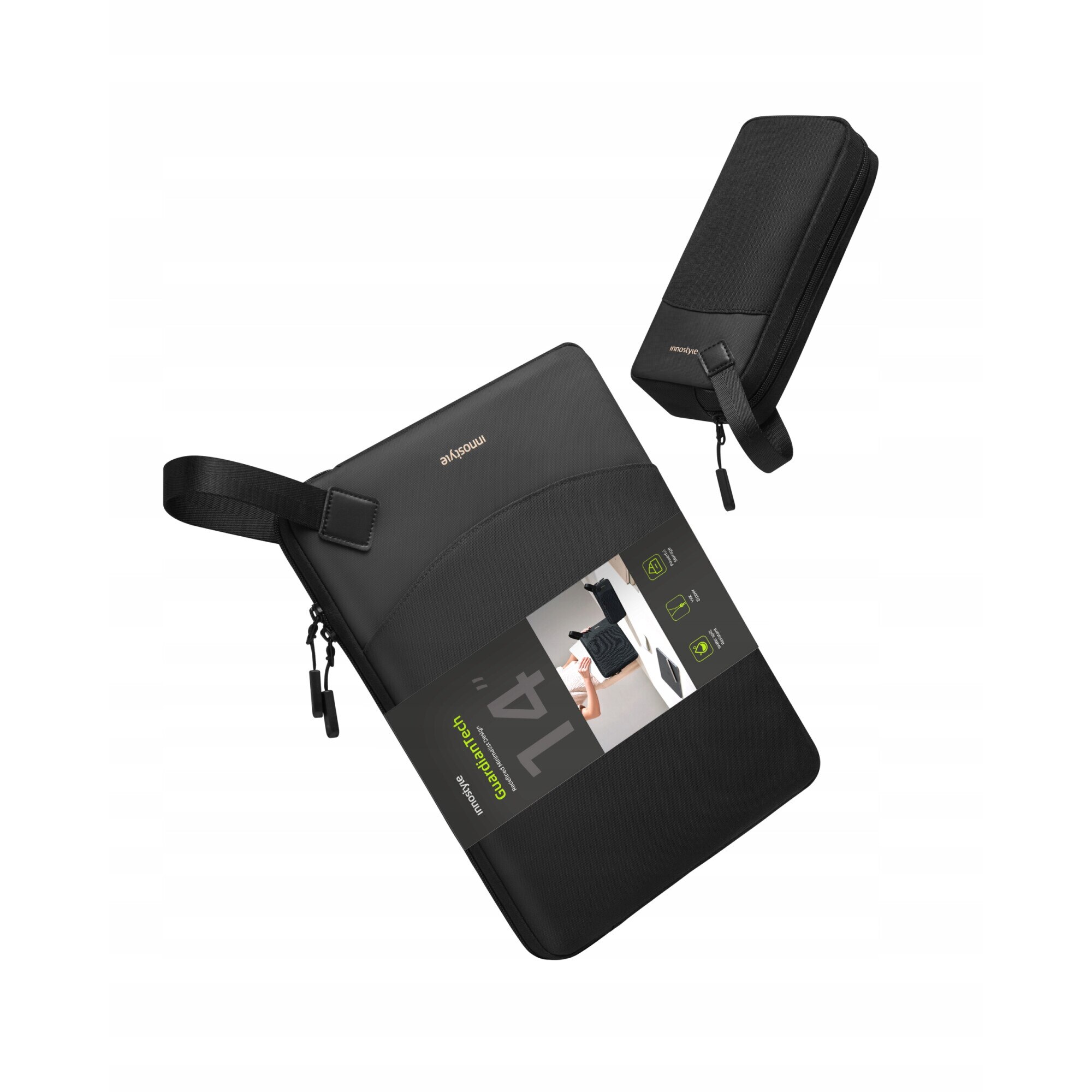 Geanta Laptop 14” Innostyle® GuardianTech Impermeabila + Geanta Gadget, Ultra-Usoara, Protectie Antisoc, Design Ergonomic, pentru Notebook/Ultrabook, Fermoare YKK, Negru