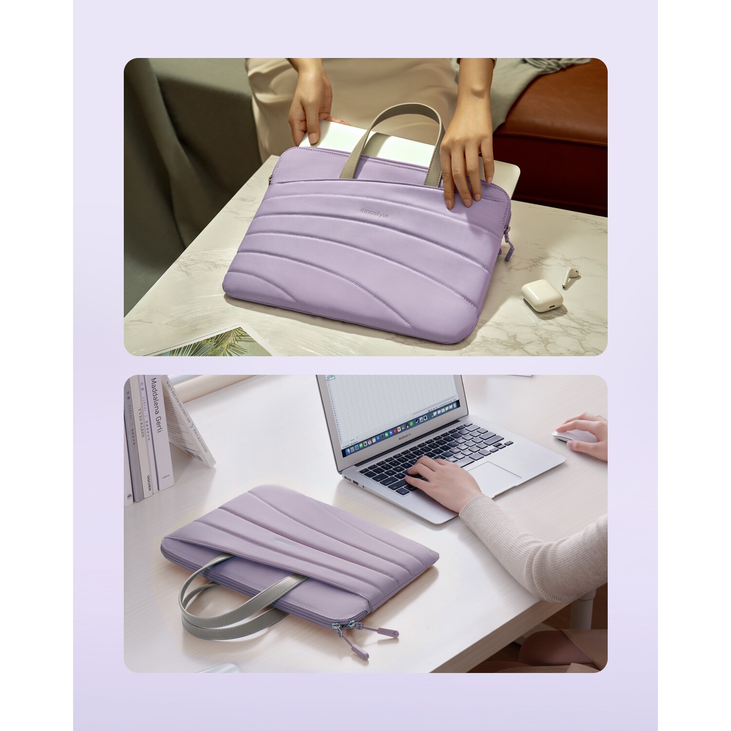 Geanta Laptop 14” Innostyle®, Impermeabila CarryLite Slim, Husa Ultra-Usoara si Rezistenta pentru Notebook/Ultrabook, Compatibila cu MacBook Pro/Air, Fermoare YKK, Compartimente Multiple, Protectie Antisoc, Design Ergonomic, Violet