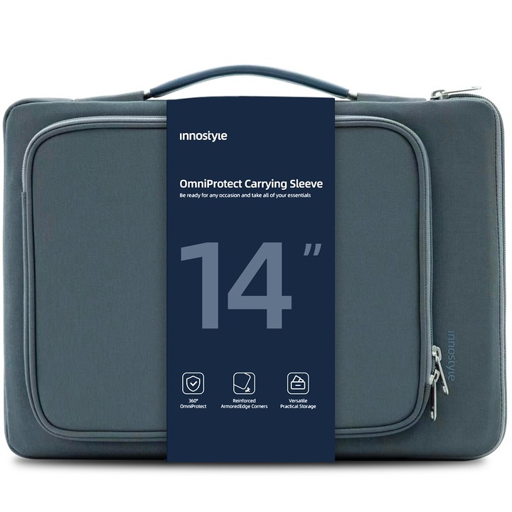 Geanta Laptop 14” Innostyle®, Impermeabila OmniProtect, Husa Ultra-Usoara si Rezistenta pentru Notebook/Ultrabook, Compatibila cu MacBook Pro/Air, Fermoare YKK, Compartimente Multiple, Protectie Antisoc, Design Ergonomic, Gri