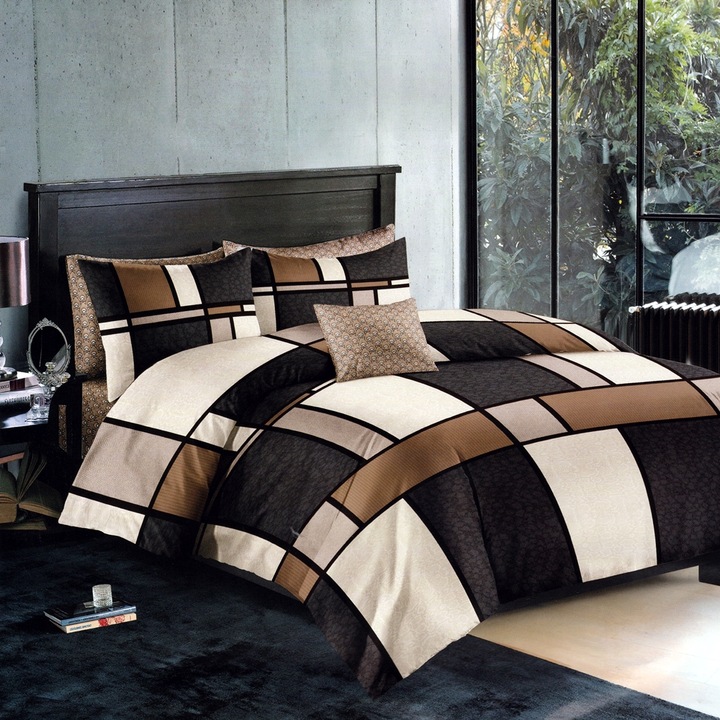 Set complet lenjerie de pat dublu Finet, cearceaf cu elastic, cu pilota 200x220 cm si 2 perne 50x70 cm, 9 piese, Pucioasa, SET2PERPIL-RA257