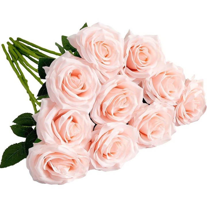 Set 10 flori artificiale Ronyes, trandafiri din matase, 51cm, roz pal