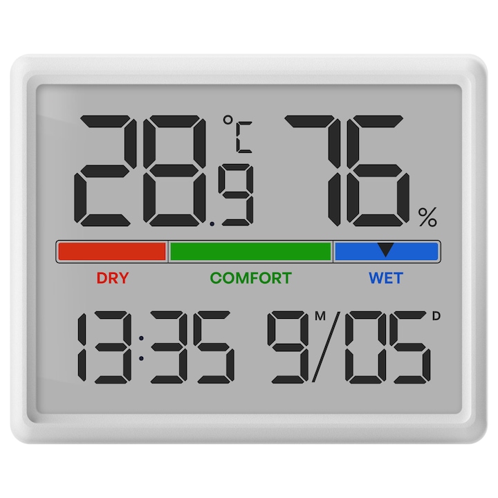 Termometru si Higrometru de camera, eleBite, portabil, indicator comfort, display digital LCD, afisaj ceas, fahrenheit/Celsius, 12/24h, alarma, montare perete/magnetica/suport, alb
