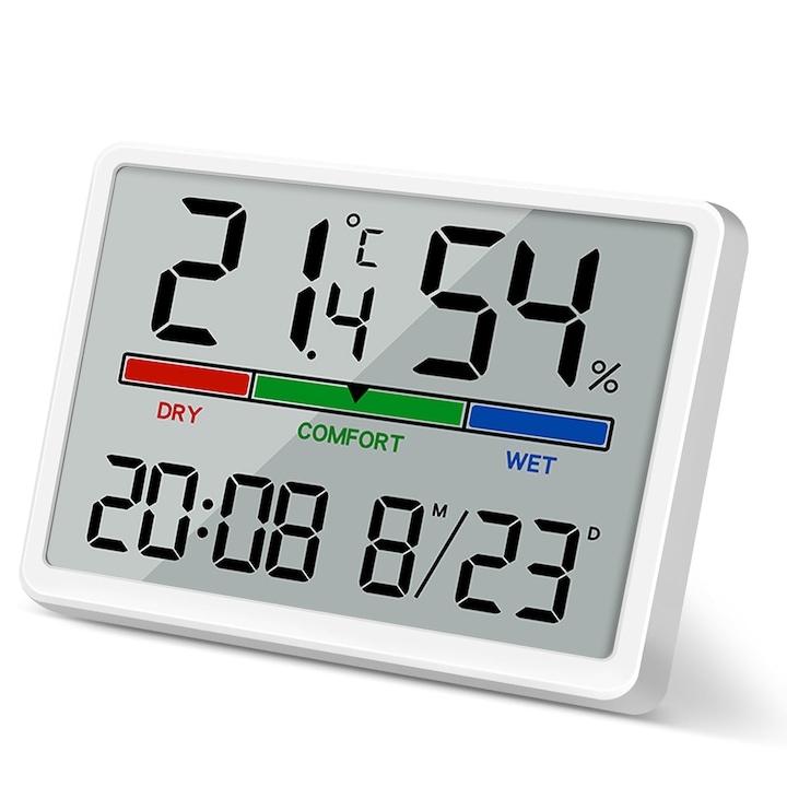 Termometru și Higrometru Portabil, Interval -9.9C - 50C, Umiditate 10%-99%, Afisaj 12/24 Ore, Alarmă cu Snooze, Montare Magnetică, Alb
