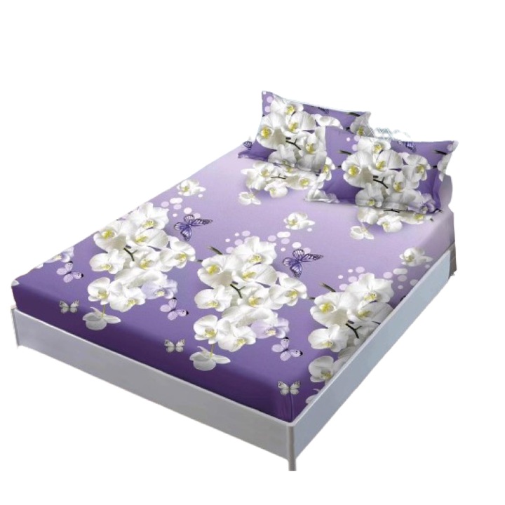 Husa de pat si fete de perna, Finet, 3 piese, 1 persoana, imprimeu Orhidee, 140x200cm, Multicolor