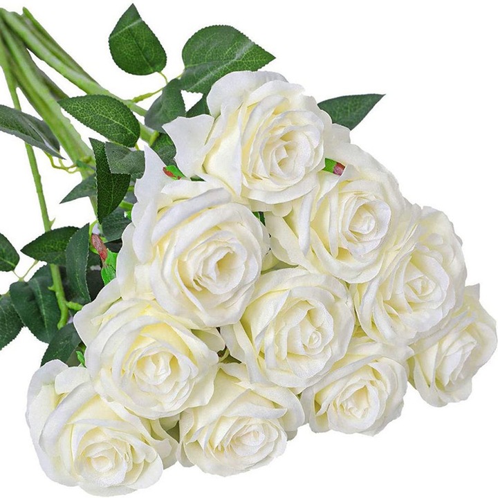 Комплект от 10 изкуствени цветя Ronyes, копринени рози, клонка 51см, бели