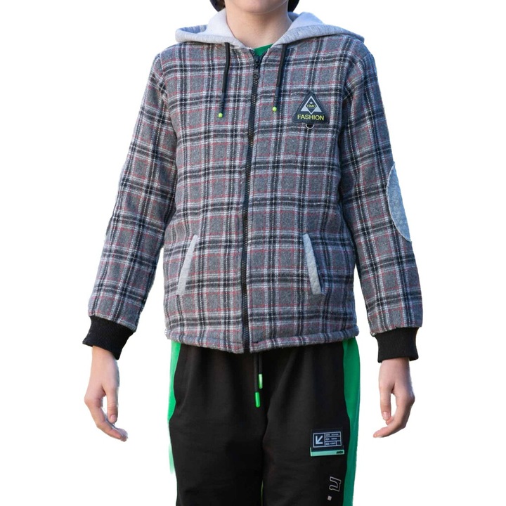 Jacheta in carouri pentru baieti, cu glula si interior imblanit, Gri/Carouri