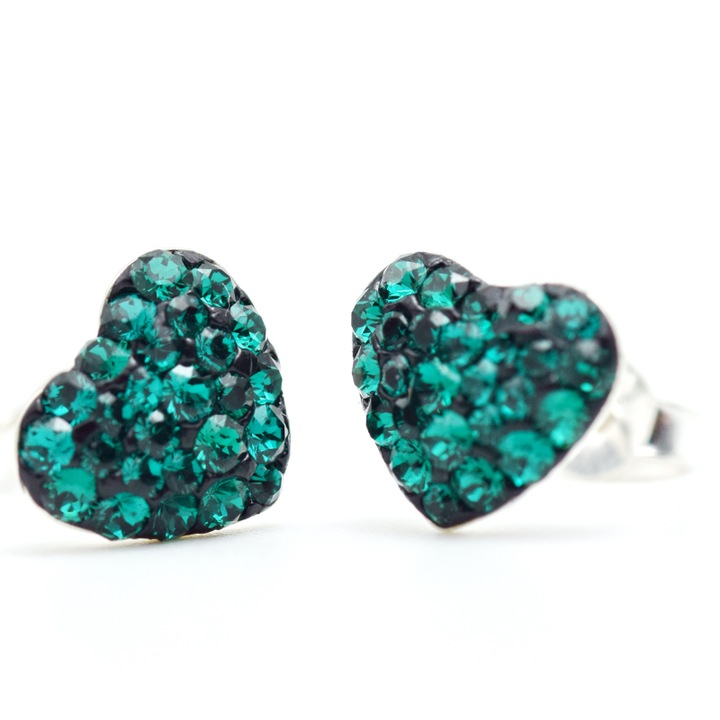 Cercei inimioara handamade cu cristale Chaton Emerald - Argint 925