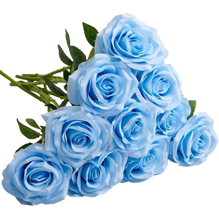 Set 10 trandafiri artificiali Ronyes, matase, 51cm, albastru