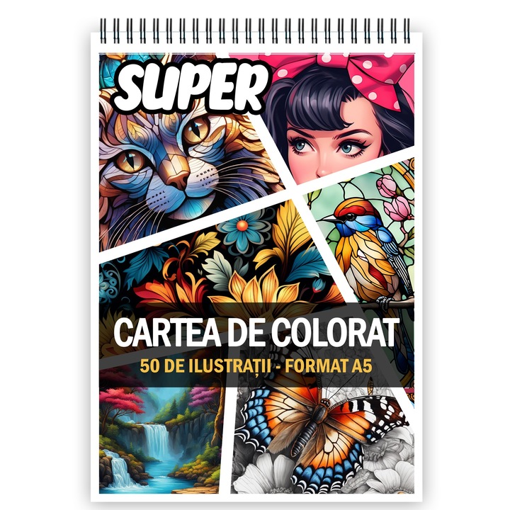 Super cartea de colorat, format A5, pentru relaxare si antistres, un mix de 50 de ilustratii, Editura Legendary Print, 106 pagini