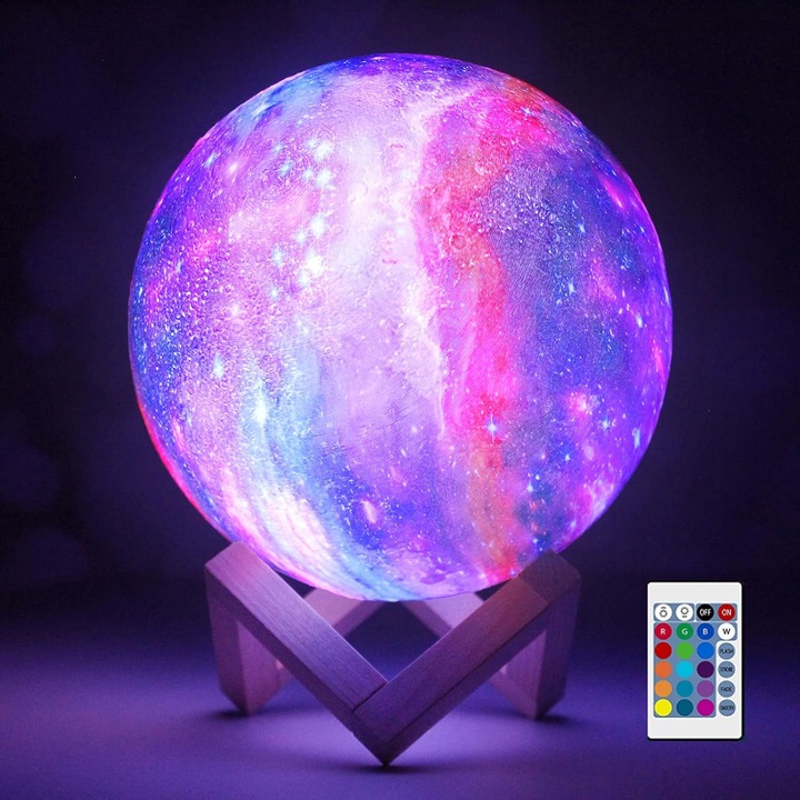 Galaxy Moon 3D éjszakai lámpa, Xuigort, 16 LED, érintés és távirányító, többszínű, 400 mAh